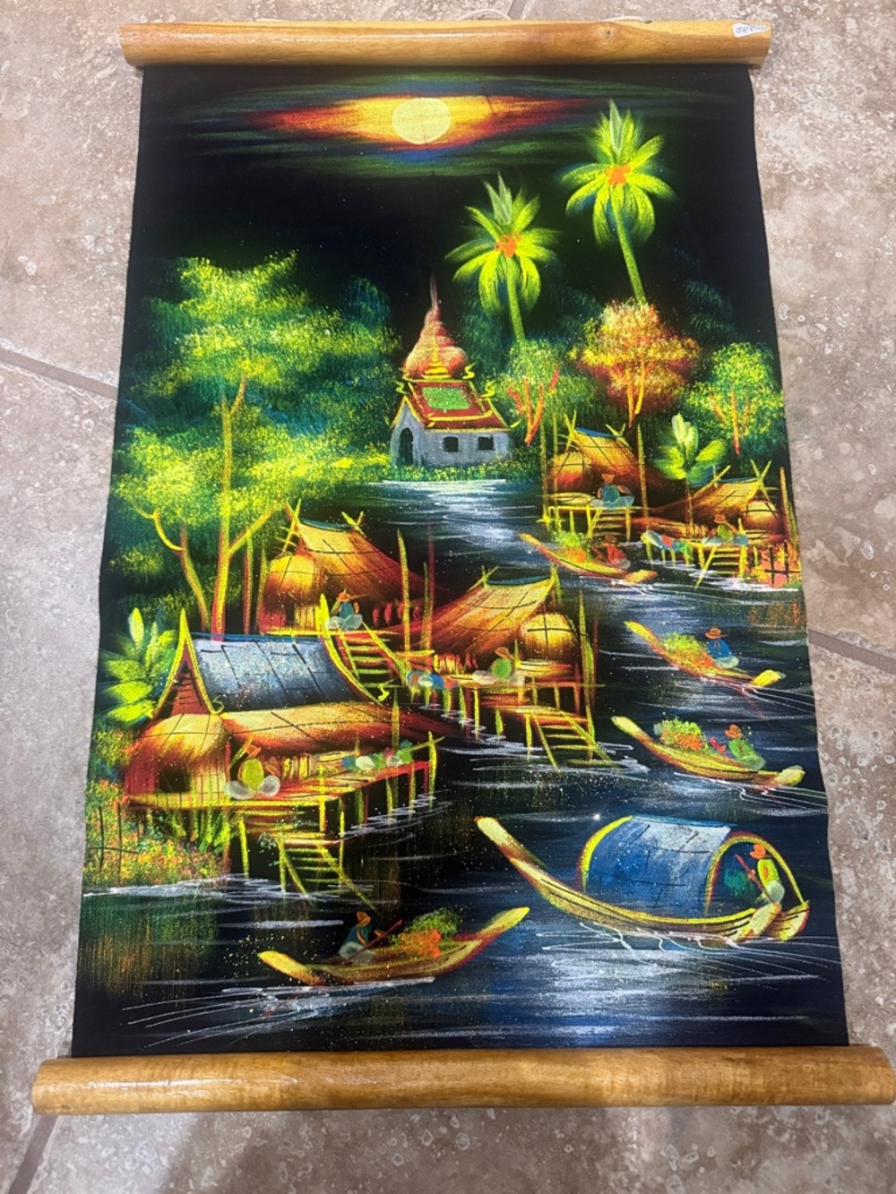 Hand-Painted Thai Village River Scroll Art.  Bought in Thailand